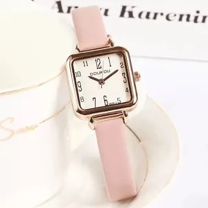 Elegant women's square rose gold watch with pink leather strap and vintage dial