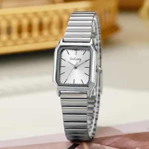 Classic silver rectangular quartz watch for women with stylish metal expansion band
