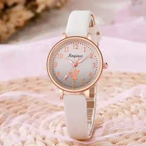 Fashionable quartz watch for women featuring a cat pattern dial and white leather strap