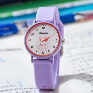 Montre à quartz violette pour enfants avec cadran lapin et bracelet en silicone