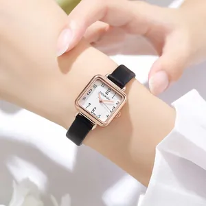 Women's minimalist square quartz watch with rose gold case and black leather strap