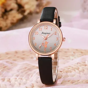 Kaqinuo rose gold quartz watch for girls with cat pattern dial and black leather strap