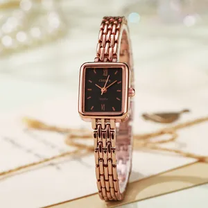 Elegante orologio da donna quadrato al quarzo oro rosa con quadrante nero e cinturino in metallo