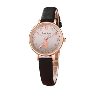 Kaqinuo women's quartz watch featuring a cute cat pattern and black leather strap