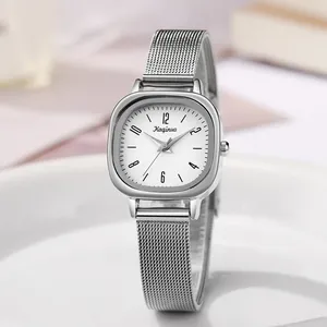 Minimalist silver square women watch with stainless steel mesh band and white dial