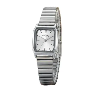 Vintage silver rectangular women's watch with flexible metal strap and minimalist dial