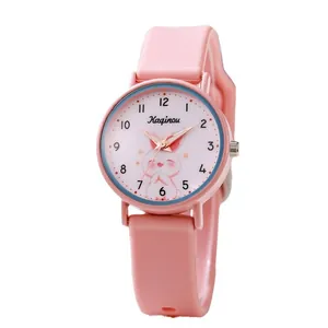 Montre enfant rose en silicone avec cadran lapin dessin animé et aiguilles en or rose