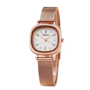 Elegant rose gold square watch for women with mesh steel strap and minimalist white dial