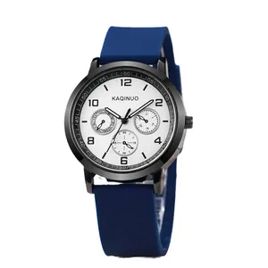 Men's minimalist sport quartz watch with dark blue silicone strap and white dial