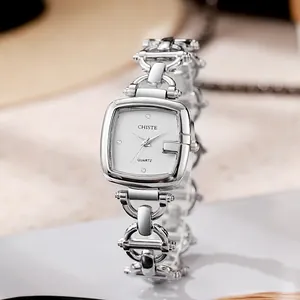 Silver square ladies watch with crystal accents and decorative chain link bracelet