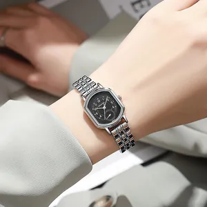 Elegante Damenarmbanduhr aus Edelstahl mit achteckigem Gehäuse und schwarzem Zifferblatt