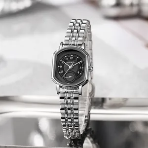 Damen-Armbanduhr aus silbernem Edelstahl mit achteckigem Gehäuse und schwarzem Zifferblatt