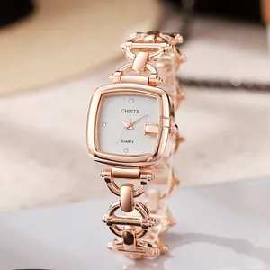 Women Fashion Square Quartz Watch Luxury Alloy Chain Strap Rhinestone Decor Minimalist Simple Style Elegant Dress Wristwatch