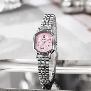 Elegante Damenarmbanduhr aus Silber mit rosa oktogonalem Zifferblatt und Gliederarmband