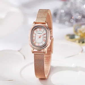 Fashion Women Quartz Watch Elegant Oval Small Dial Roman Numerals Mesh Band Rose Gold Alloy Wristwatch For Lady Daily Business