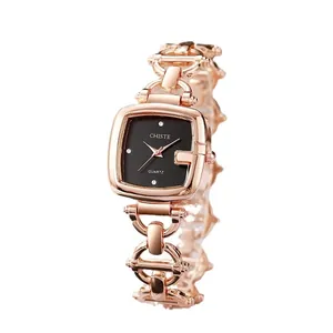 Elegant rose gold square watch for women with black dial and G-shaped metal bracelet