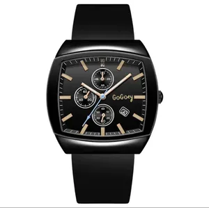 Modieus zwart quartzhorloge met vierkante metalen kast en siliconen band voor heren