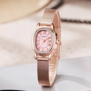 Elegant rose gold oval women's watch with pink sunray dial and metal mesh strap