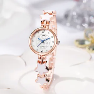 Elegant rose gold heart-patterned watch for women with blue hands and star bracelet