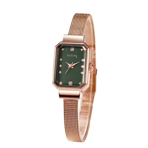 Elegant rose gold rectangular watch with a dark green dial and woven mesh band for women