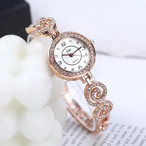 Luxus Roségold Strass Armbanduhr Elegant Rund Weißes Zifferblatt Quarz Mode Schmuck Uhr Für Damen Geschenk