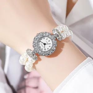 Orologio quarzo donna elegante con cinturino in perle a doppia fila e ghiera strass