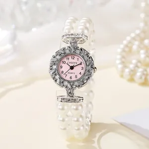 Elegante orologio da donna al quarzo con quadrante rosa e cinturino di perle a due file