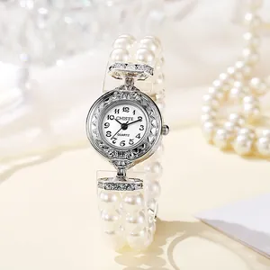 Elegant Women Faux Artificial Pearl Bracelet Watch Vintage Etched Case Rhinestone Quartz Wristwatch For Ladies Daily Fashion Jewelry Watch