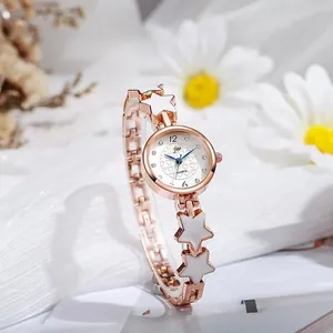 Fashion Women Quartz Watch Star Bracelet Alloy Strap Round Heart Pattern Dial Rhinestone Accents Elegant Ladies Wristwatch
