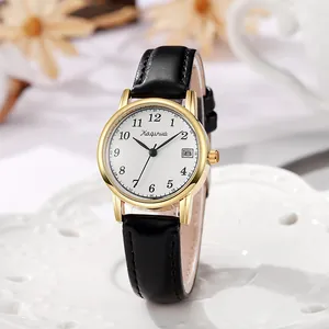 Elegante orologio da donna al quarzo con cassa dorata e cinturino in pelle nera