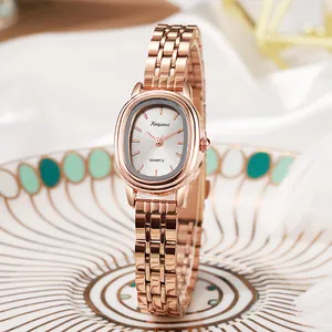 Elegante Dames Polshorloge Ovale Wijzerplaat Kwartz Mode Goud Zilver Roségoud Legering Schakelband Minimalistisch Analoog