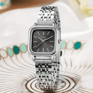 Elegant ladies square silver wristwatch with a black dial and sleek metal chain strap