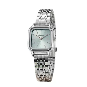 Elegant women's square silver watch with a sunray blue dial and stainless steel strap
