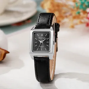 Elegant ladies square quartz watch with black leather strap and silver metal case