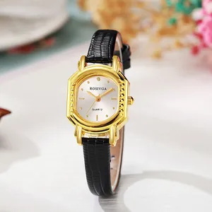 Montre à Quartz Tonneau Vintage pour Femme Boîtier en Alliage Doré de Luxe Bracelet en Cuir PU Montre-Bracelet Décontractée Élégante pour Femme Bureau