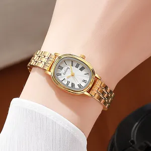 Elegant gold oval watch for women with white ripple dial and Roman numerals on metal strap