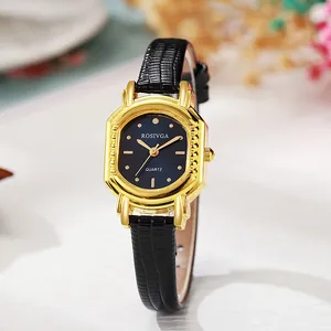 Montre à quartz tonneau vintage avec boîtier doré et bracelet en cuir noir texturé