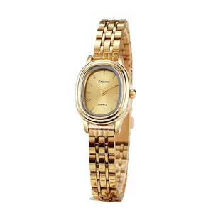 Elegant goud ovaal quartz horloge met klassieke metalen band voor damesmode trend