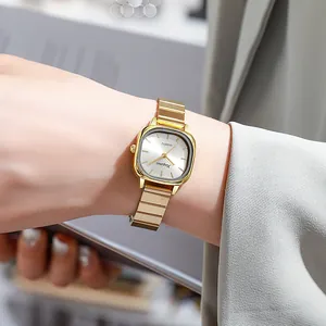Elegant gold square quartz watch for women with stylish bamboo steel link bracelet