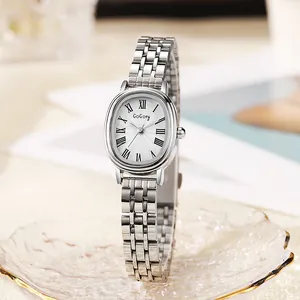 Elegant women's oval wristwatch with silver chain band and vintage Roman numerals dial