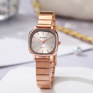 Elegant rose gold square dial women's quartz watch with bamboo link steel bracelet strap