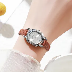 Elegant tonneau quartz watch for women with silver case and brown leather strap