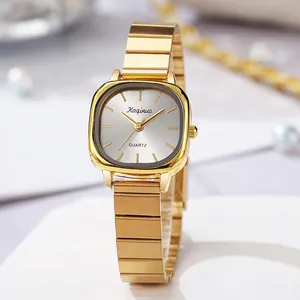 Elegant gold square quartz watch for women with brushed silver dial and chain strap