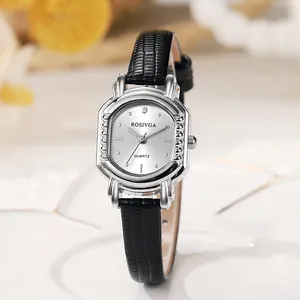 Elegant retro tonneau quartz watch with black lizard leather strap and silver case