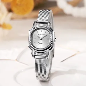 Elegant silver tonneau quartz watch for women with stylish Milanese mesh band
