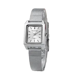 Elegant silver square quartz watch with white dial and stainless steel mesh strap