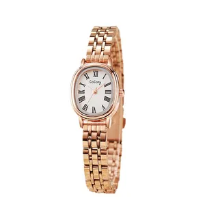 Elegant rose gold oval quartz watch for women with Roman numerals and metal link strap