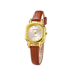 Montre quartz femme vintage dorée tonneau avec bracelet en cuir marron texture lézard