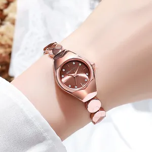 Elegant rose gold bracelet watch for women with brown sunray dial and crystal markers