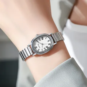 Elegant oval silver quartz watch with Roman numerals on a stainless steel link band
